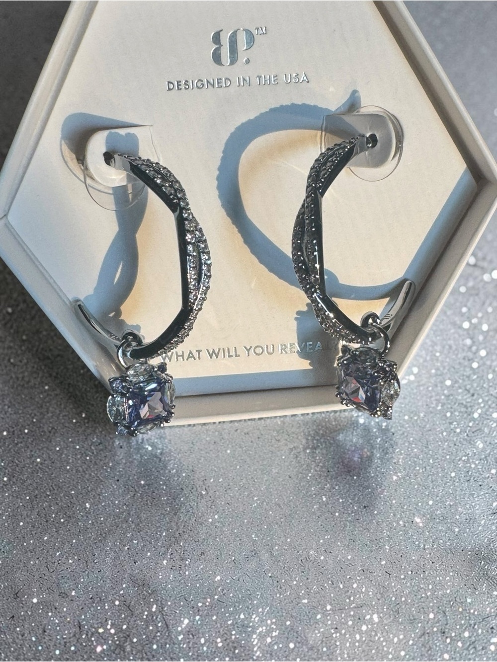 Bomb Party Silver Tone Pavé Hoop Earrings with Purple Drop Stones NIB